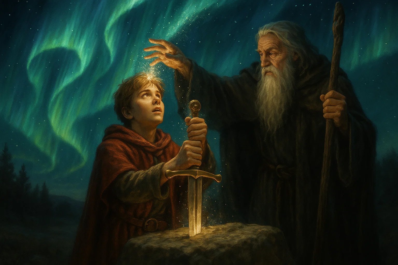 A young King Arthur pulling the sword from the stone with Merlin King Arthur