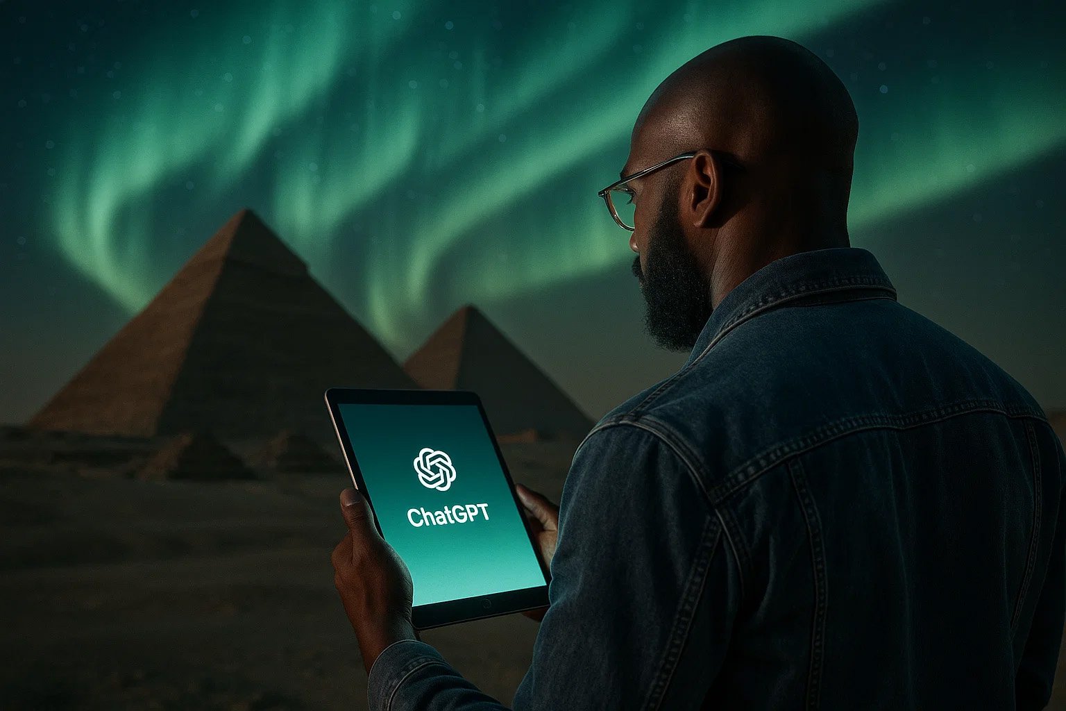 guy with tablet in front of pyramids guy with tablet in front of pyramids