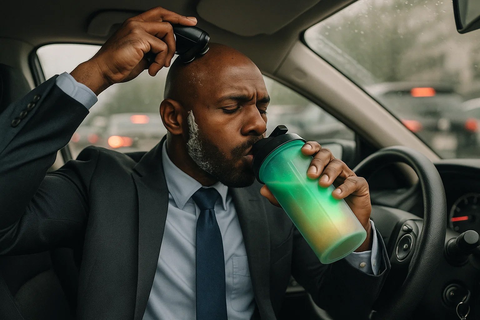 man shaving head and drinking shake man shaving head and drinking shake